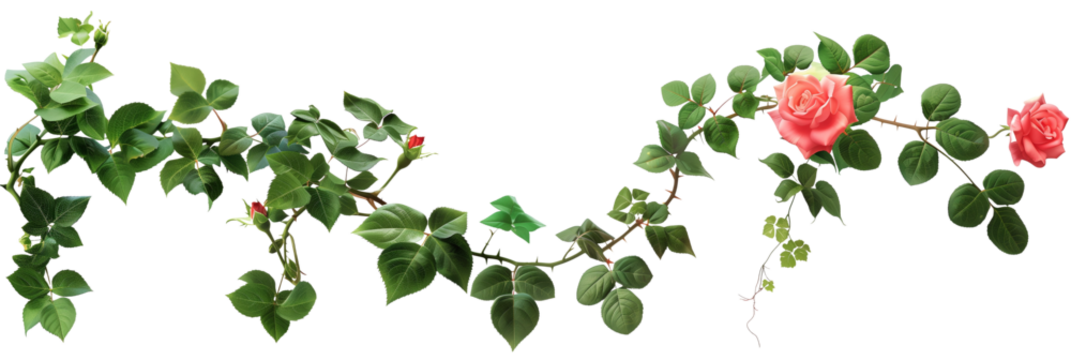 set of vignettes of roses and ivy, combining the elegance of rose blooms with the rugged texture of ivy leaves, isolated on transparent background