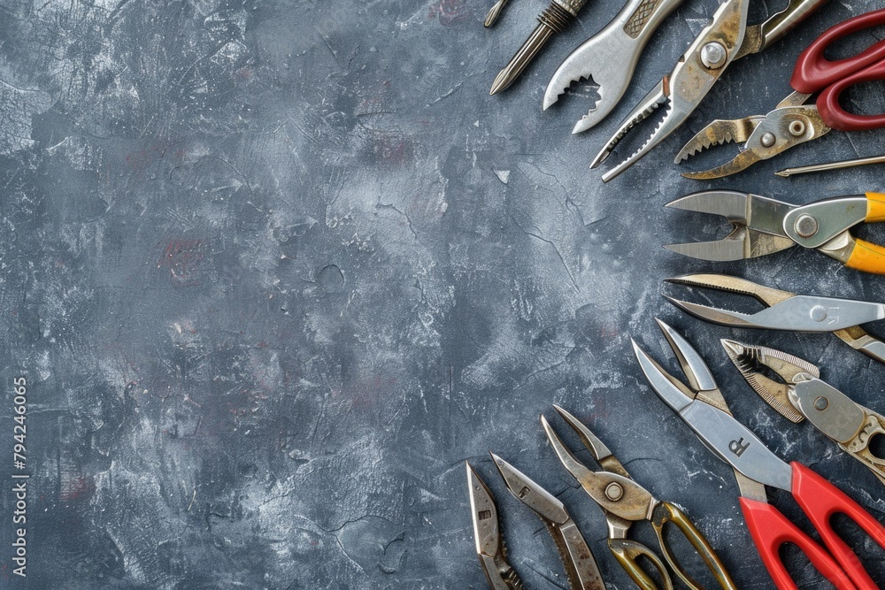 Poster collection of different pliers on a table, ideal for diy projects