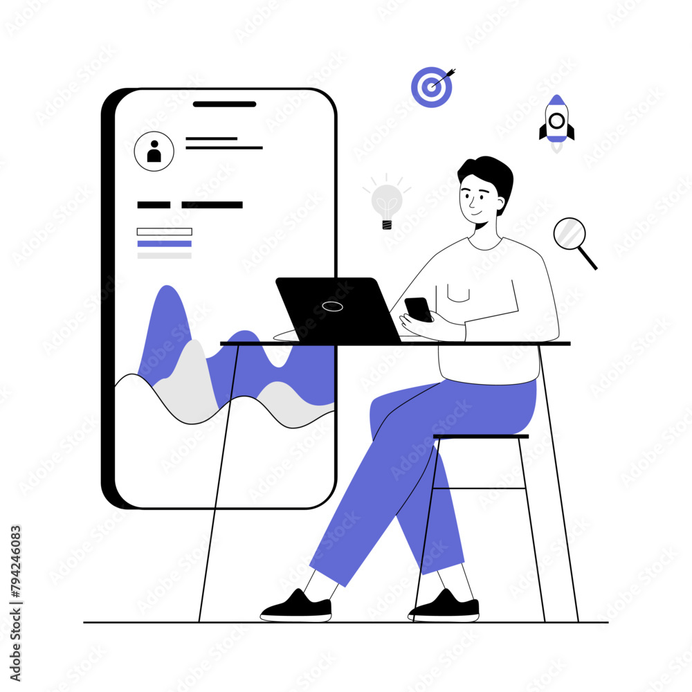 Poster mobile digital marketing. internet promotion with smartphone. man creating different advert content,