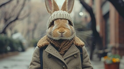 Stylish hare hops through city streets with tailored flair, epitomizing street style. The realistic urban backdrop frames this fashionable lagomorph, merging natural charm with contemporary elegance i - obrazy, fototapety, plakaty