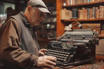 Fotobehang Vintage typewriter collecting and restoration, a collector admiring a rare, restored model © DK_2020