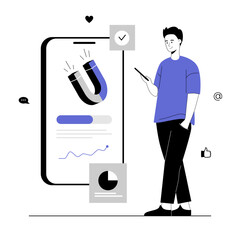 Mobile marketing web concept. Man blogger making advertising content, using viral content and attracting subscribers with magnet. Vector illustration with line people for web design.