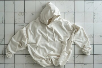 White oversized hoodie lies on the tiles