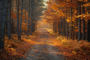 A forest road lined with tall trees, covered in fallen leaves of red and orange hues, leading to an unknown distance. Created with Ai