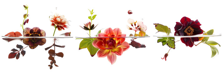 set of underwater flower arrangements, featuring submerged blooms and floating leaves, isolated on transparent background
