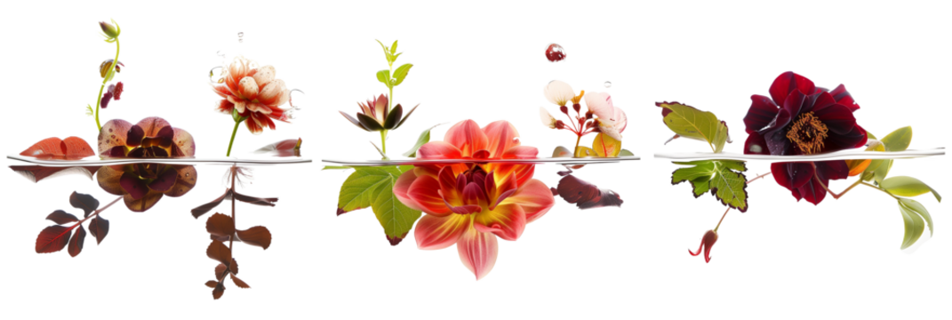 set of underwater flower arrangements, featuring submerged blooms and floating leaves, isolated on transparent background
