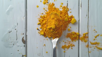 A spoon full of yellow powder on a rustic wooden table. Perfect for food or cooking concepts