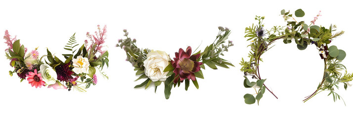 set of floral crowns, each crafted from wildflowers and lush foliage, isolated on transparent background