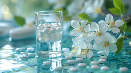  A tight shot of a glass filled with water, adorned with pills and vibrant flowers atop a nearby table Water droplets shimmering on the surface