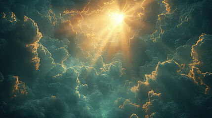 A cinematic shot of the sunset in heaven, with clouds and sun rays shining through them. Created with Ai - obrazy, fototapety, plakaty