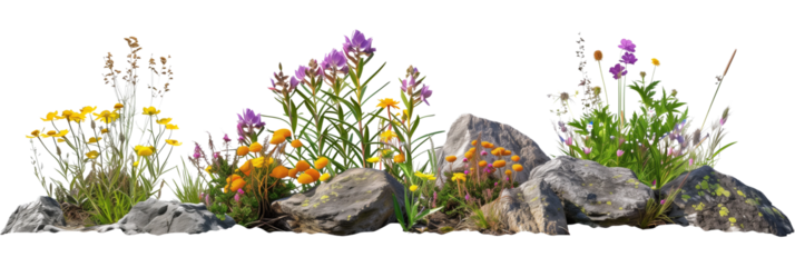 set of alpine flowers, adapted to high elevations, paired with rugged mountain foliage, isolated on transparent background