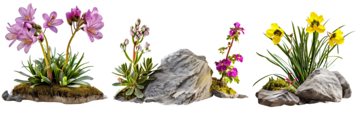 set of alpine flowers, adapted to high elevations, paired with rugged mountain foliage, isolated on transparent background