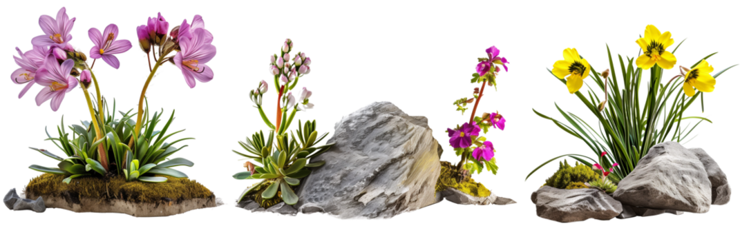 set of alpine flowers, adapted to high elevations, paired with rugged mountain foliage, isolated on transparent background