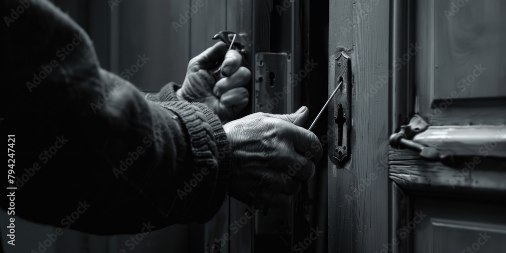 Wall mural a person using scissors to open a door. can be used for diy or home improvement concepts