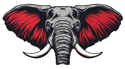 an elephant's head with a red tusk
