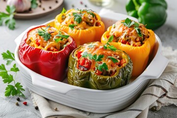 A white dish filled with stuffed peppers covered in sauce. Suitable for recipes and food blogs