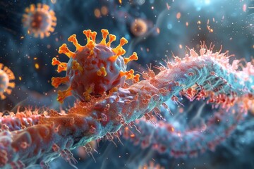 Close-up of a virus particle on the surface of a cell, detailing the interaction - obrazy, fototapety, plakaty