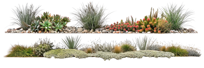 Sustainable flowers bed featuring drought-resistant plants, blending sedums and succulents with native grasses, isolated on transparent background