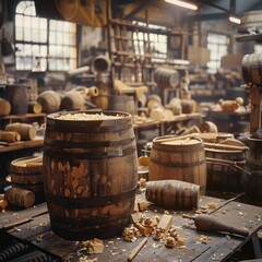 Traditional cooper crafting wooden barrels, detailed woodworking, workshop scene