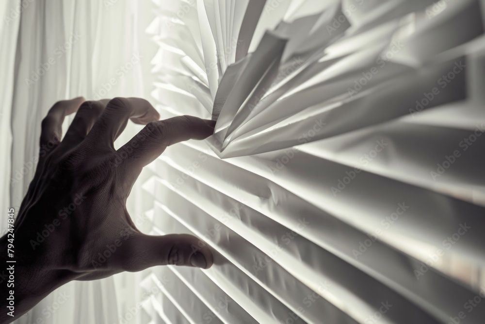 Poster A person reaching out of a window with blinds in the background. Suitable for various design projects