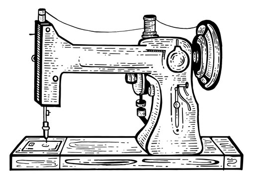 recommend clip art: Old mechanic sewing machine sketch engraving PNG illustration. Scratch board style imitation. Black and white hand drawn image.