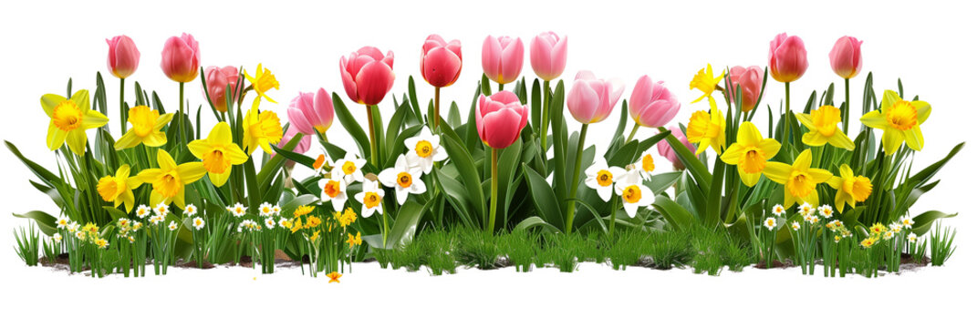 Set of spring flower beds, each bursting with tulips and daffodils against fresh green leaves, isolated on transparent background