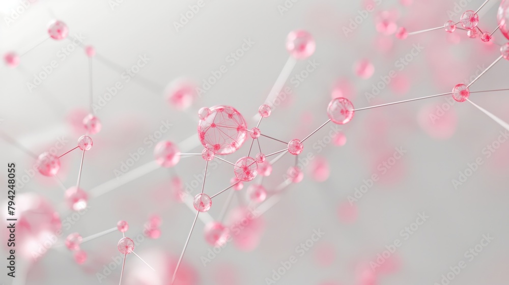 Poster 3d pink molecular structure on light background. scientific model visualization for medical and educ
