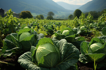 A field of cabbage on the background of a magical landscape - obrazy, fototapety, plakaty
