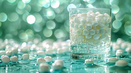   A glass holding marshmallows sits on a table, nearby are more marshmallows