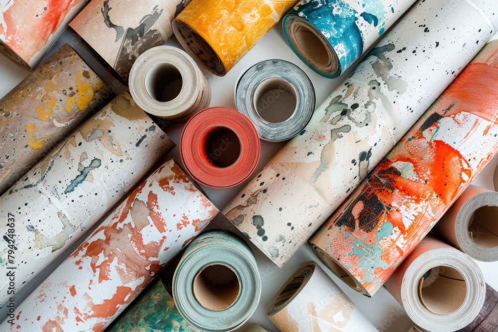 Poster several rolls of paint tubes on a table, suitable for art and craft projects