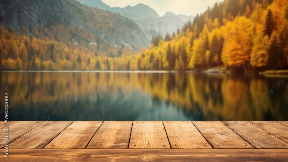 Wall mural the empty wooden table top with blur background of lake and mountain in autumn. exuberant image. gen