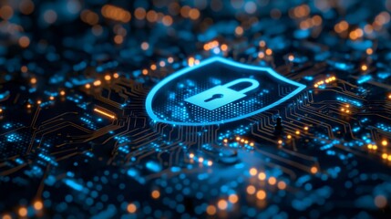 Fototapeta premium Abstract Cybersecurity Concept with a Shield and Lock Icon on an Intricate Electronic Circuit.