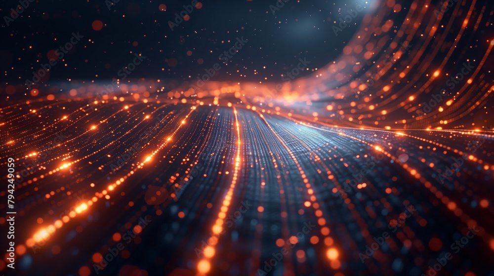 Poster dynamic abstract illustration representing high-speed data transfer on a digital circuit.