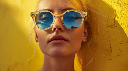 Young blonde woman in bright and stylish sunglasses posing on a yellow background on a sunny day. Beautiful woman walking outdoors. Style and fashion concept.