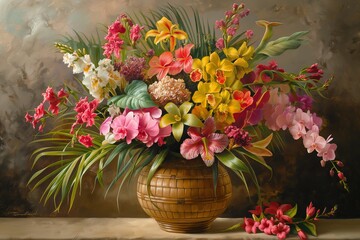 lush bouquet of tropical flowers in a bamboo vase