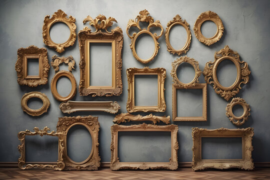 Assorted Baroque Vintage Frames Against A Wall. A collection of empty vintage picture frames against a textured wall, presenting a variety of sizes and ornate