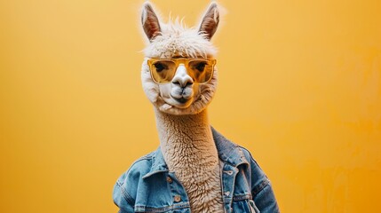 Fototapeta premium Stylish Alpaca in Denim Jacket and Sunglasses