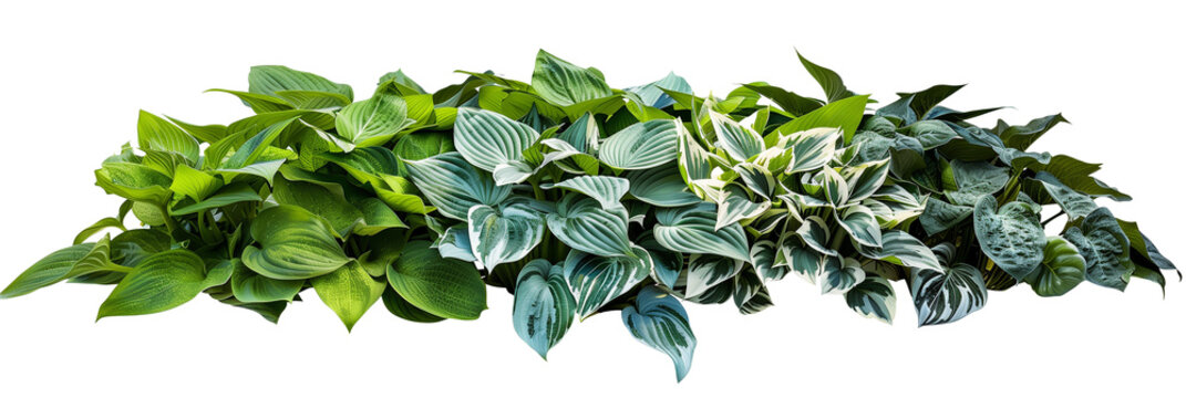 Hosta bed displaying a variety of leaf patterns and colors, from deep green to variegated whites and blues, ideal for shade gardens, isolated on transparent background