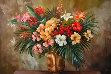 lush bouquet of tropical flowers in a bamboo vase