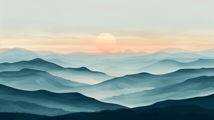 Naklejka premium Serene Sunrise Over Layered Mountain Landscape, Calming Nature Illustration.
