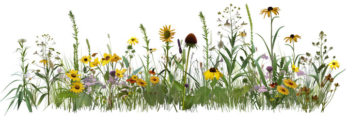 Native prairie bed mixed with grasses and wildflowers like coneflowers and black-eyed Susans, promoting biodiversity, isolated on transparent background © PixeloAI
