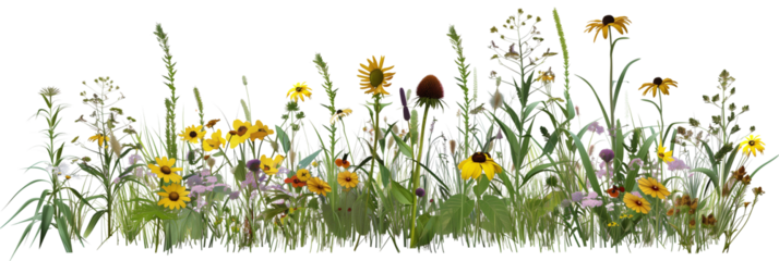 Native prairie bed mixed with grasses and wildflowers like coneflowers and black-eyed Susans, promoting biodiversity, isolated on transparent background