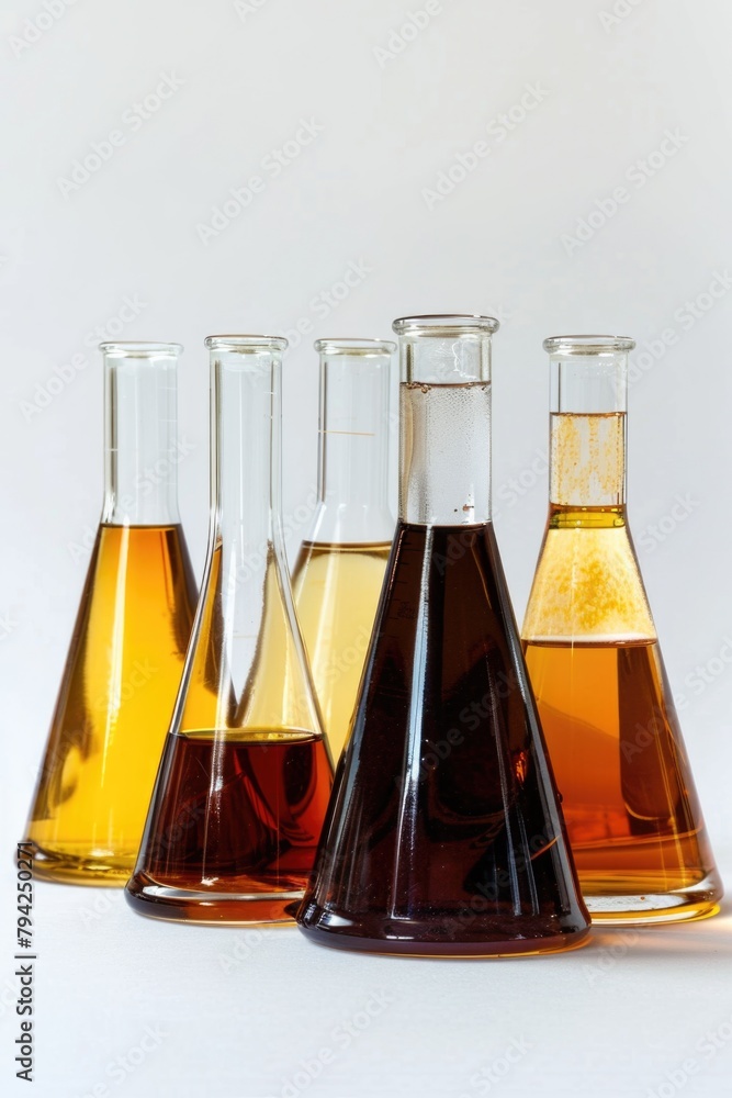 Poster A row of glass flasks filled with liquid. Perfect for scientific and laboratory concepts