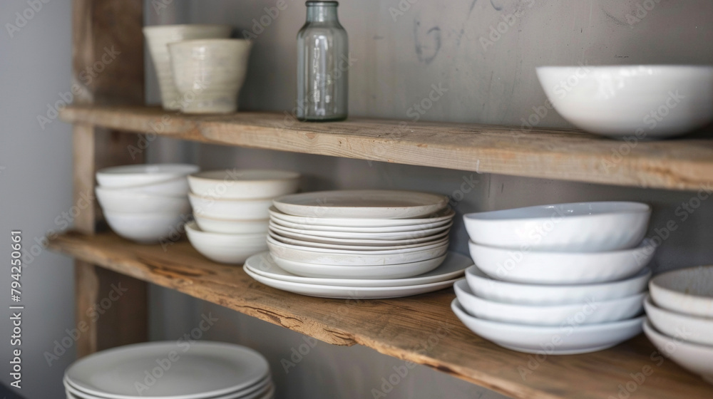 Poster natural wood shelves display a collection of simple white plates and bowls creating a minimalist yet