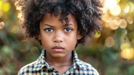African American youngster with curly hair dressed casually looks solemn and unconstrained gazing directly at the camera - obrazy, fototapety, plakaty