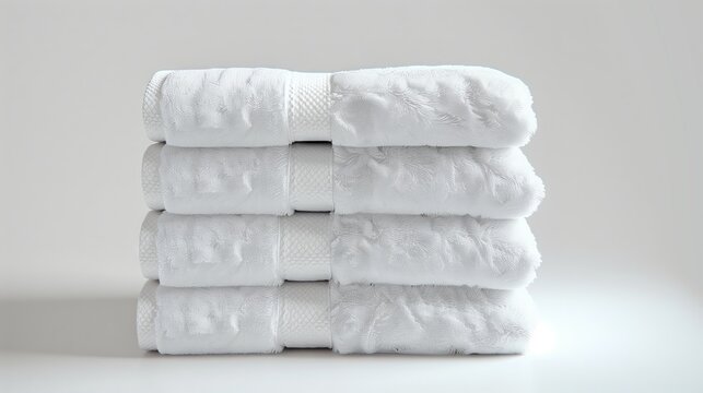 Stack of Fluffy White Towels on Light Neutral Background.