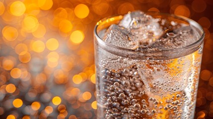   A tight shot of a glass filled with ice and water, topped with an orange slice at the rim