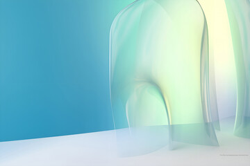 Abstract glass sculpture captured against a dual blue and white background