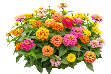 Colorful zinnia flower bed, bursting with blooms in shades of orange, pink, and yellow, perfect for a summer garden, isolated on transparent background
