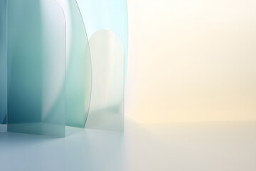 Abstract curves of translucent blue panels gently lit by sunlight
